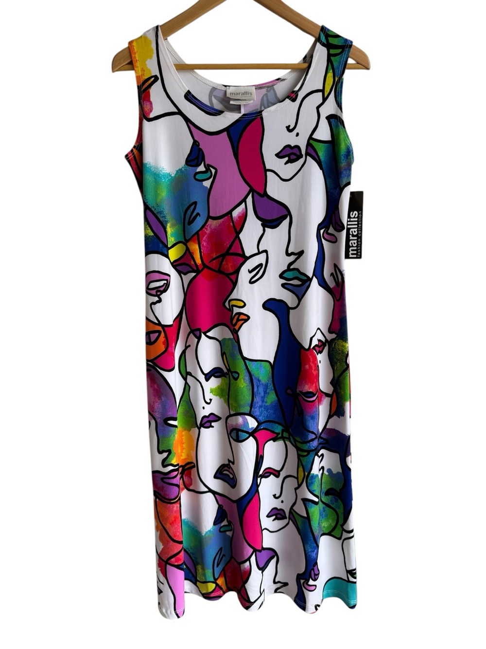 Marallis Abstract Face Print Stretch Midi Dress Sz M White Colourful Sleeveless